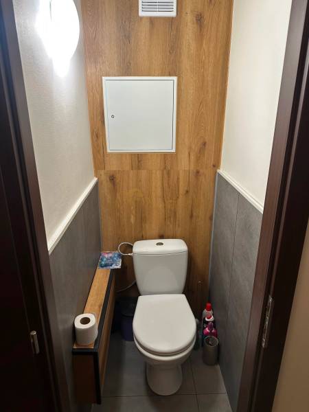 Toaleta s podlahou s dřevěným dekorem v 2-pokojovém bytě.