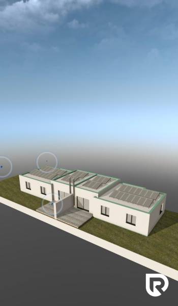 Vizualizace rodinného domu v Sokolovcích s bílou fasádou a solárními panely na střeše.