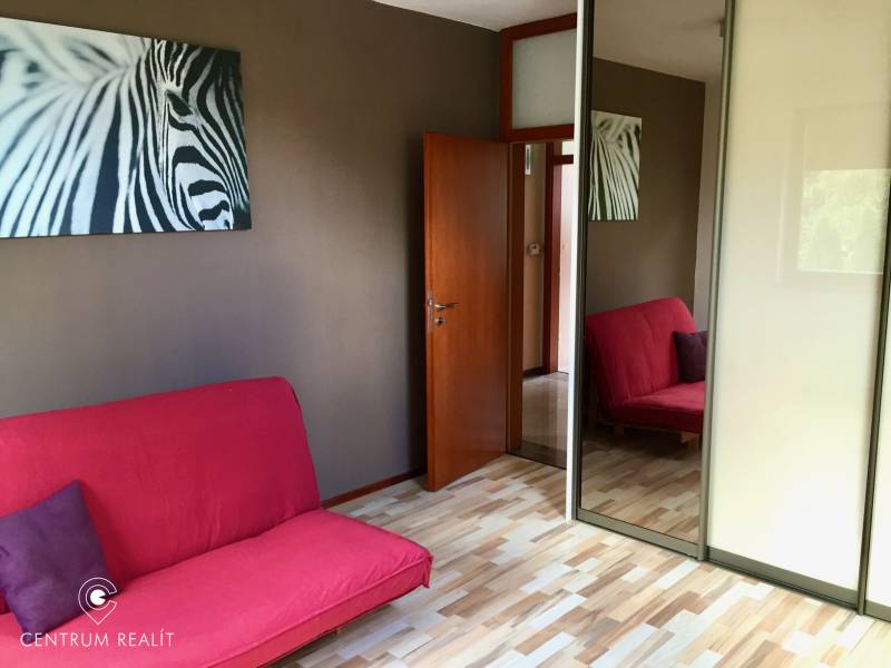 Pokoj s růžovou pohovkou, obraz zebry a zrcadlová skříň, podlaha s dřevěným dekorem.