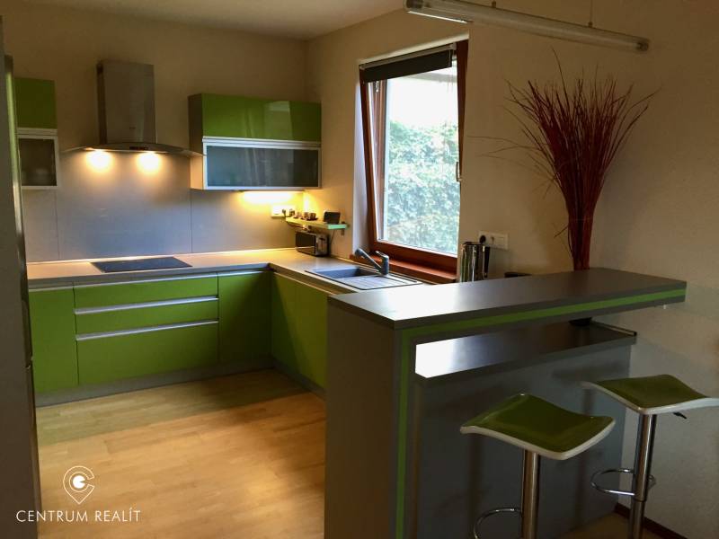 Kuchyně v rodinném domě se zelenými skříňkami a barovým pultem, podlaha s dřevěným dekorem.