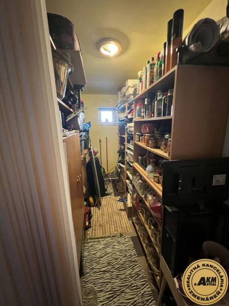 Úložný prostor v rodinném domě plný polic s domácími potřebami a čisticími prostředky.