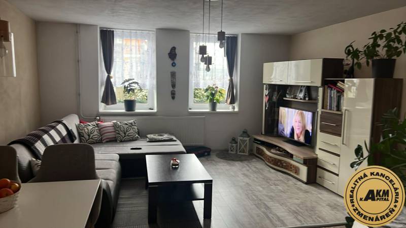 Obývací pokoj v rodinném domě s pohovkou, televizí a podlahou s dřevěným dekorem.