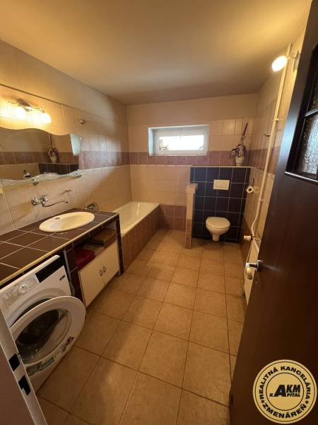 Koupelna v rodinném domě s vanou, umyvadlem, pračkou a WC v neutrálních odstínech.