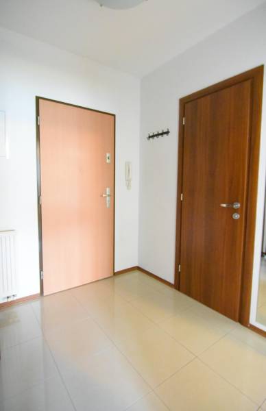 Předsíň s možná dlažbovou podlahou a dveřmi v 2-pokojovém bytě.