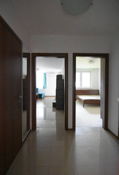 Chodba s podlahou v dekoru dlažby vede do obývacího pokoje a ložnice dvoupokojového bytu.