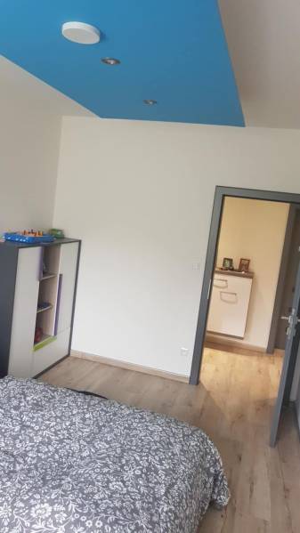 Pokoj v rodinném domě s podlahou s dřevěným dekorem a modrým stropem.