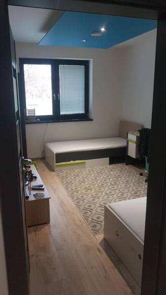 Pokoj v rodinném domě s podlahou s dřevěným dekorem, postele, kobereček a okno.