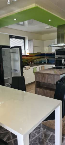 Kuchyně v rodinném domě s otevřenou lednicí, zeleným stropem a jídelním stolem.