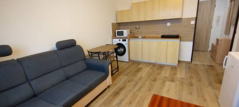 Obývací pokoj v 1-pokojovém bytě s pohovkou, kuchyňským koutem a podlahou s dřevěným dekorem.