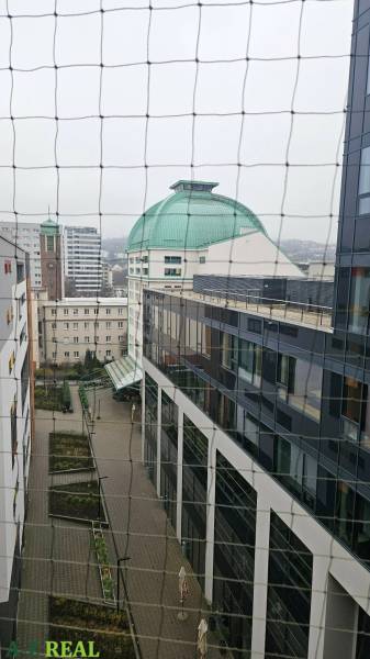 Pohled z výšky na dvůr v Bratislavě na Blumentálské ulici, obklopený moderními budovami.