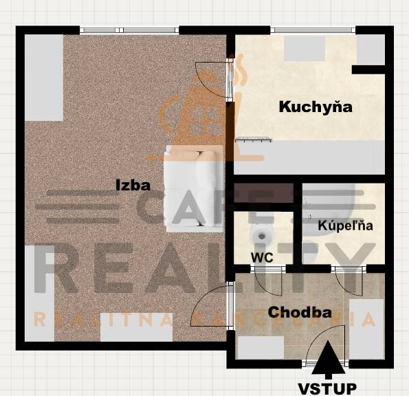 Půdorys 1-pokojového bytu s dispozicí pokoje, kuchyně, koupelny, WC a chodby.