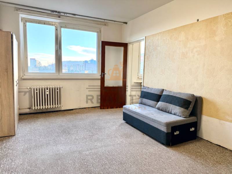 Obývací pokoj v jednopokojovém bytě s pohovkou a velkým oknem se světlem.