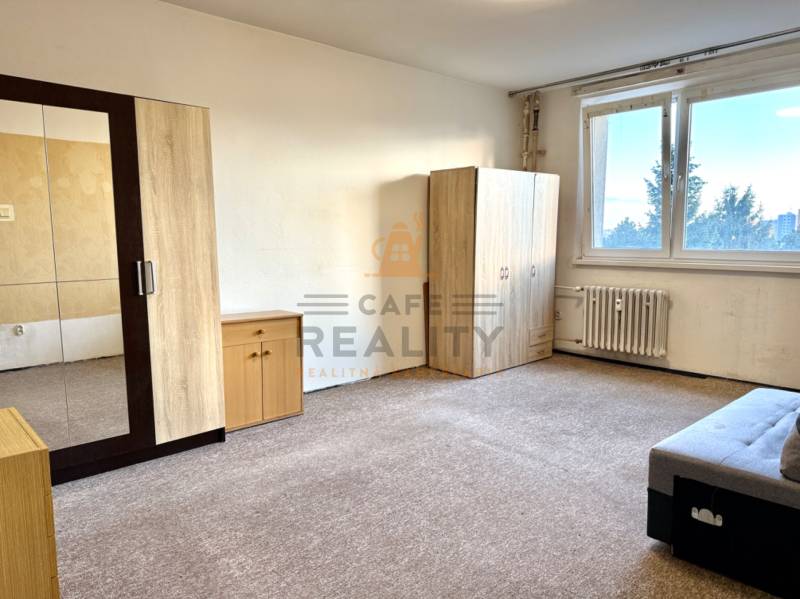 Pokoj v 1-pokojovém bytě s nábytkem a kobercem, světlé stěny, velké okno.