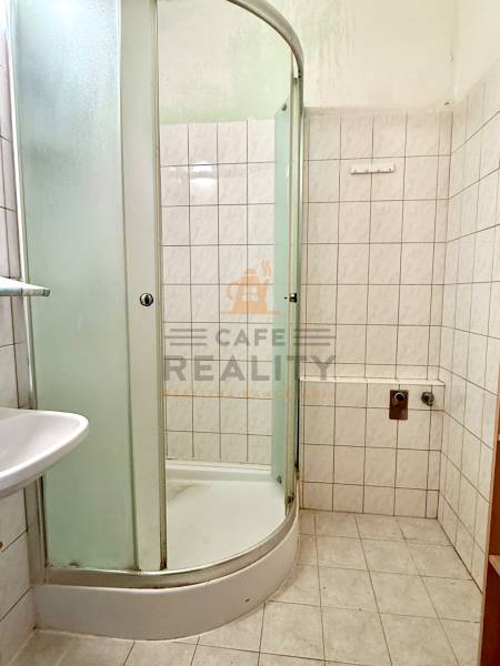 Koupelna se sprchovým koutem a dlažbou v 1-pokojovém bytě.