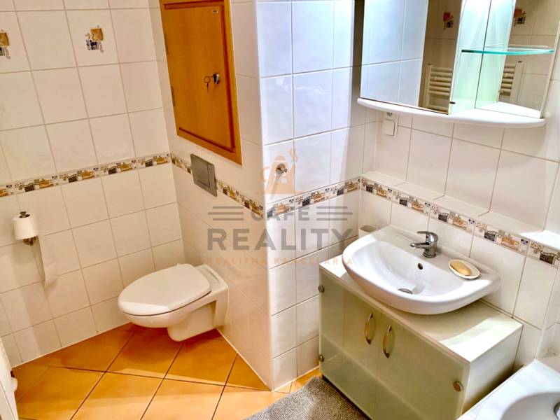 Koupelna v 2-pokojovém bytě s keramickými obklady a světlým nábytkem.