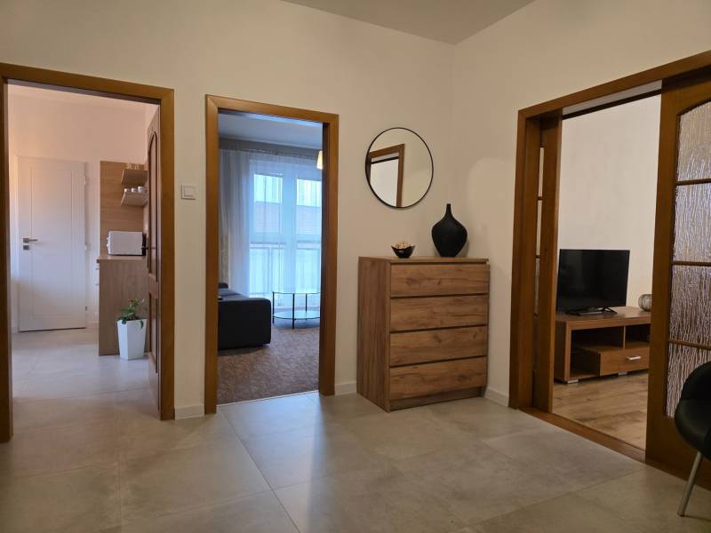 Interiér 3-pokojového bytu s prostornou chodbou, zásuvkami a podlahou s dřevěným dekorem.