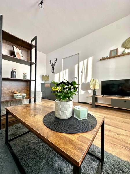 Obývací pokoj v 1-pokojovém bytě s podlahou s dřevěným dekorem a dekoracemi.