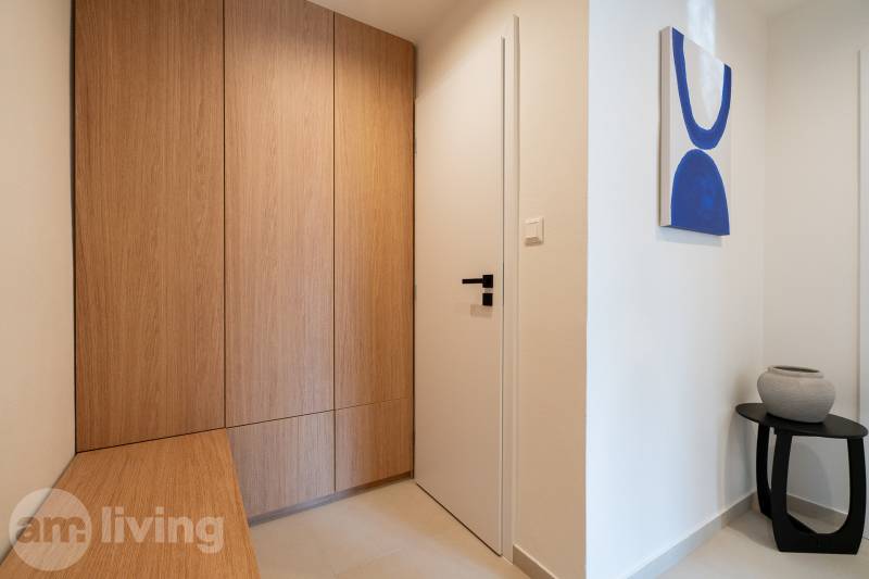 V 3-pokojovém bytě je vstupní hala s dřevěným dekorem a moderním uměním.