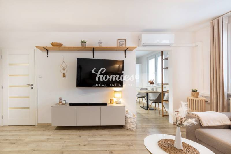 Obývací pokoj v 2-pokojovém bytě s televizí, podlaha s dřevěným dekorem.