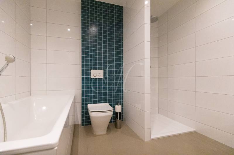 Koupelna se sprchovým koutem a vanou v 2-pokojovém bytě.