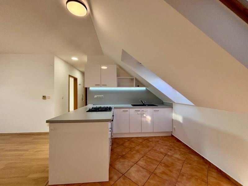 Kuchyně v 2-pokojovém bytě s kuchyňskou linkou a podlahou z keramické dlažby.