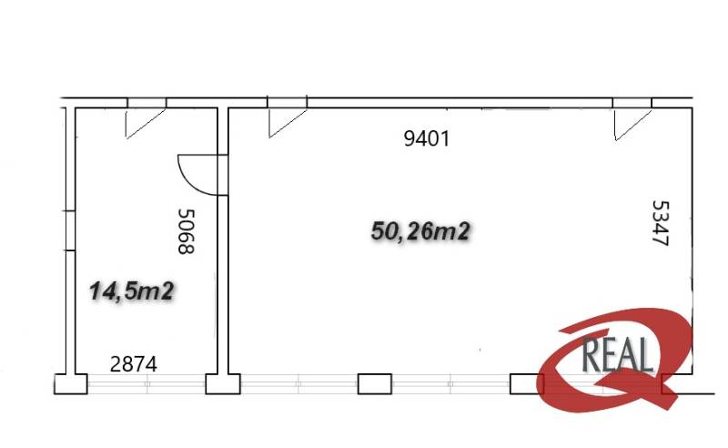 Půdorys kanceláře s rozlohou 64,76 m² rozdělený na dvě místnosti.