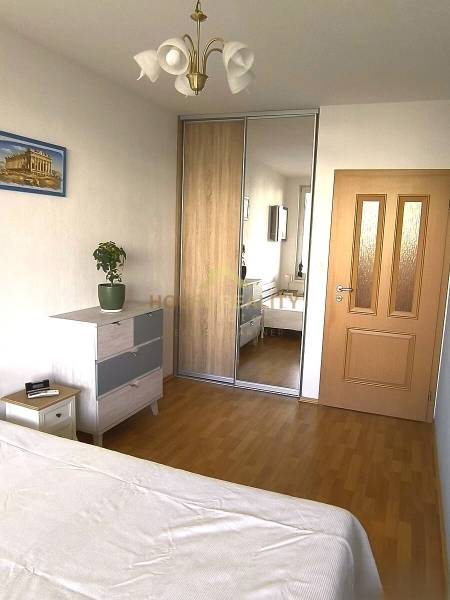 Ložnice s vestavěnou skříní, dřevěný dekor podlahy, skříňka, postel, lustr, rostlina.