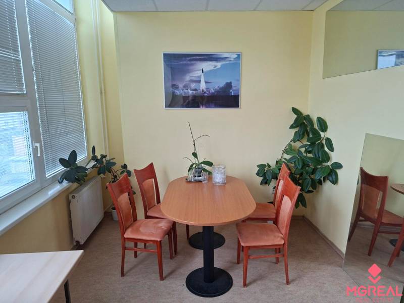 Kancelář s oválným stolem a čtyřmi židlemi, rostlinami a obrazem na stěně.