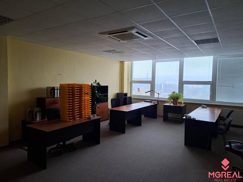 Interiér kanceláře se třemi psacími stoly, rostlinami a výhledem přes velká okna.