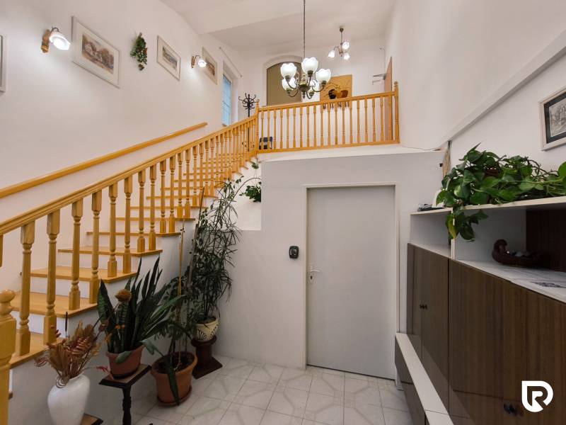 V interiéru rodinného domu se nachází dřevěné schodiště, rostliny a svítidla.