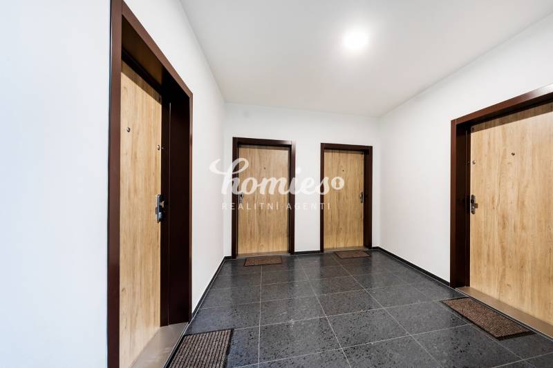 Chodba se třemi vchodovými dveřmi a tmavou podlahou s dekorativními prvky.