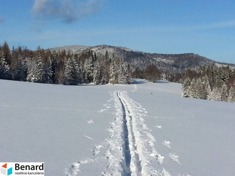 Rekreační pozemky u Litmanové pokryté sněhem, obklopené zasněženými stromy a kopci.