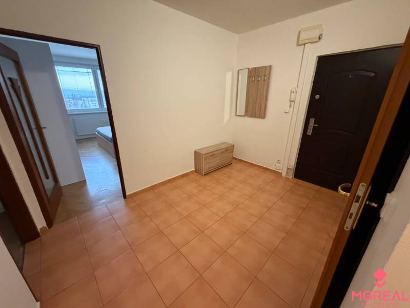 Vstupní hala 3pokojového bytu s keramickou dlažbou, věšákem a výhledem na pokoj.