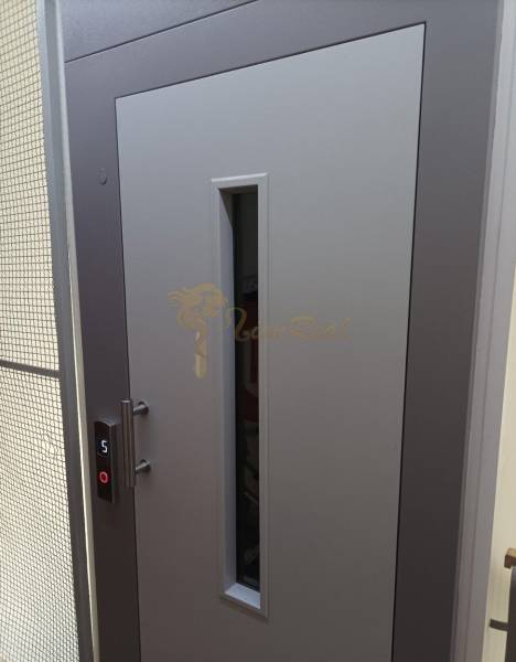 Šedé dveře se skleněným průzorem a tlačítkem výtahu, foto v 1-pokojovém bytě.