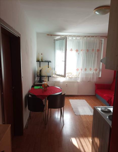 Obývací část 1-pokojového bytu s podlahou s dřevěným dekorem, stolem a židlemi.