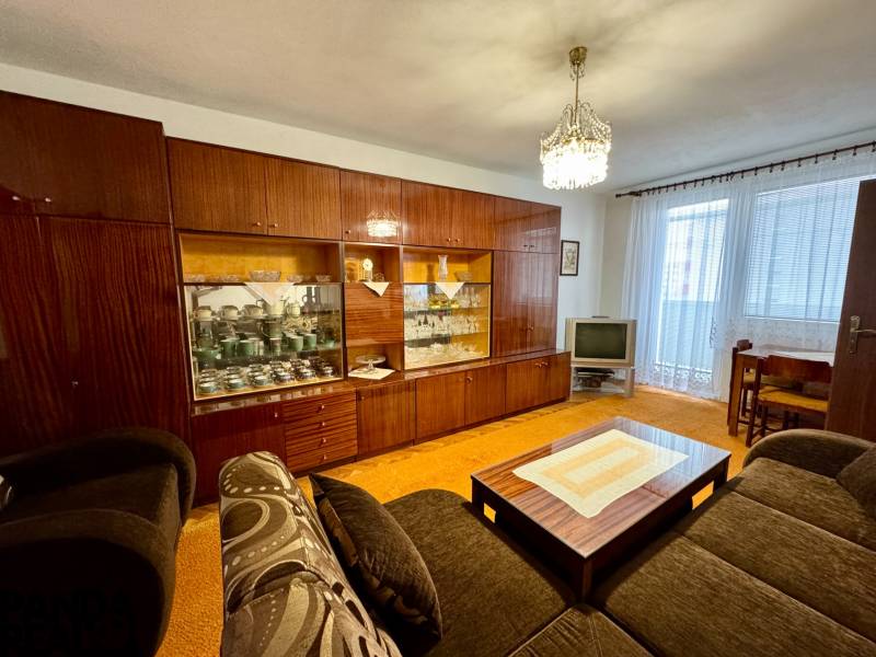 Obývací pokoj s rustikální obývací stěnou a TV v 3-pokojovém bytě.