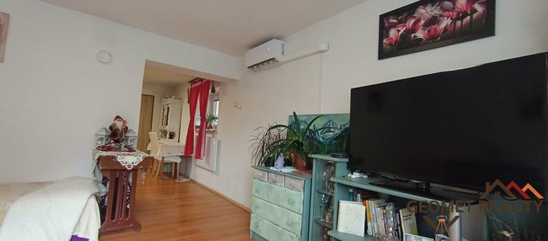 Obývací pokoj s podlahou s dřevěným dekorem, televizorem, klimatizací a dekoračními prvky.