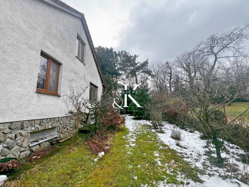 Zahrada u chaty v Modre s trávníkem, sněhem a dřevinami podél domu.