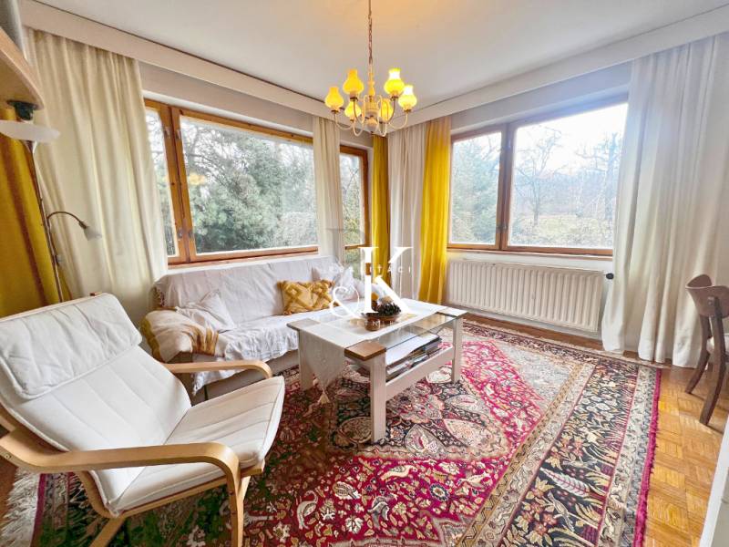 Světlý obývací pokoj s podlahou s dřevěným dekorem, koberec, bílý nábytek, velká okna.