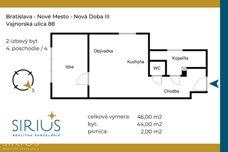 Půdorys 2-pokojového bytu na Vajnorské ulici 88, Bratislava - Nové Mesto, Nová Doba III.
