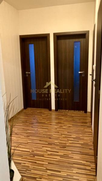 Vstupní chodba se dvěma dveřmi, podlahou s dřevěným dekorem a rostlinou.