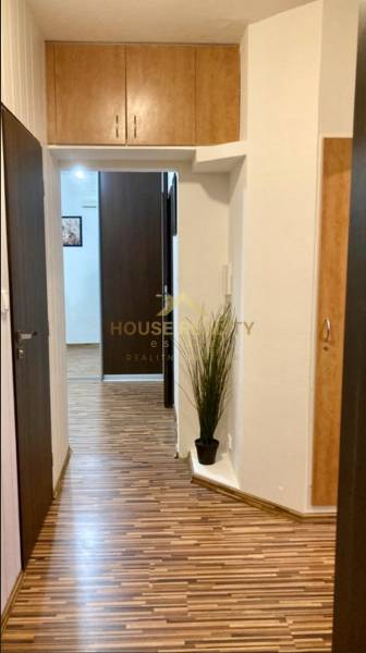 Chodba ve 3-pokojovém bytě s podlahou s dřevěným dekorem a vestavěnými skříněmi.