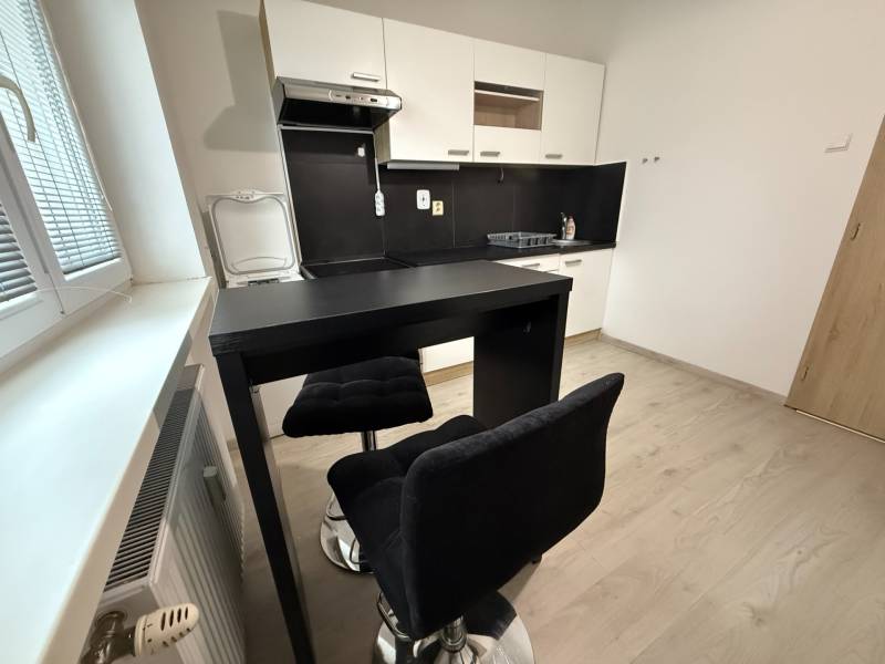 Kuchyně s posezením a podlahou s dřevěným dekorem v 1-pokojovém bytě.