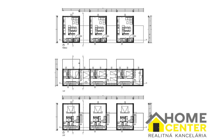 Půdorys rodinných domů v Čiovu zobrazuje dispozici několika podlaží vily.