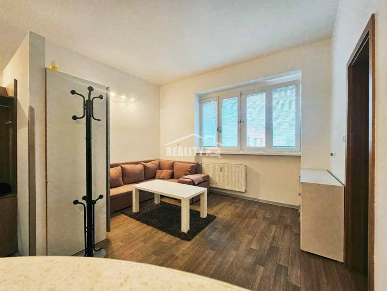 Garsonka s pohovkou, stolkem a podlahou s dřevěným dekorem.