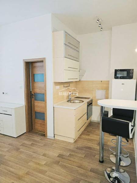 Garsonka s kuchyňským koutem, barovým pultem a podlahou s dřevěným dekorem.