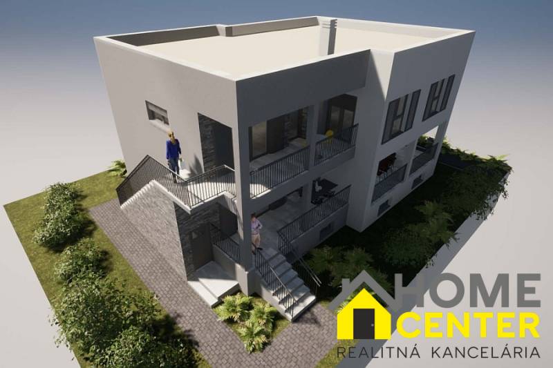 Rekreační apartmán v Čiovu s terasou a schodištěm obklopený zelení.