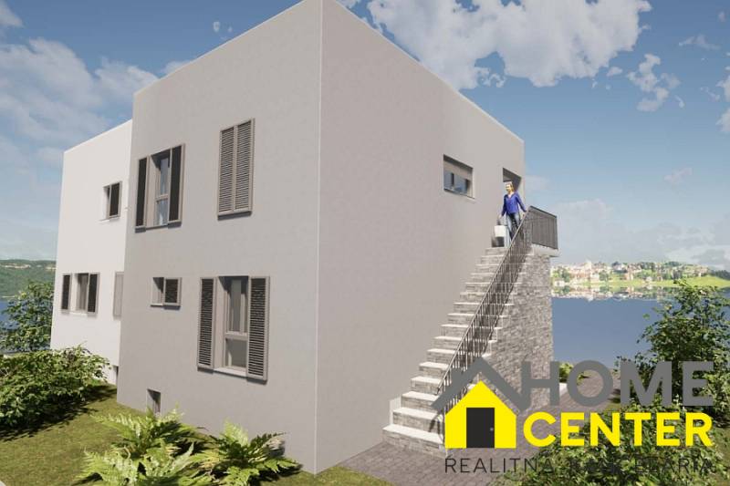 Exteriér rekreačního apartmánu v Čiovu s výhledem na moře a okolní krajinu.