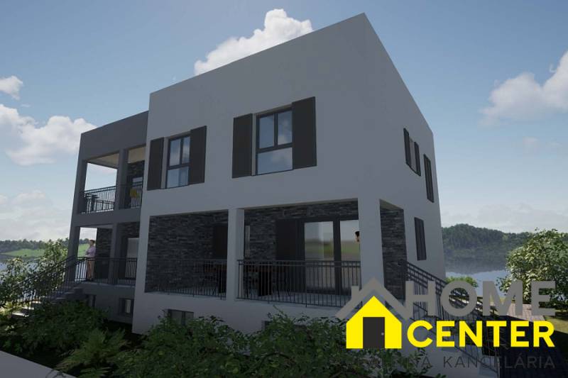 Rekreační apartmán na Čiovu s výhledem na zeleň a moderní architekturu.