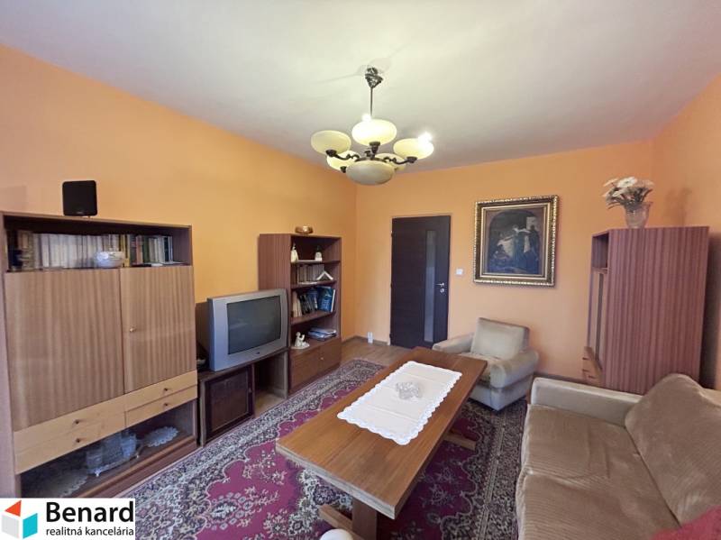 Obývací pokoj s retro nábytkem v 2-pokojovém bytě, podlaha s dřevěným dekorem, koberce.